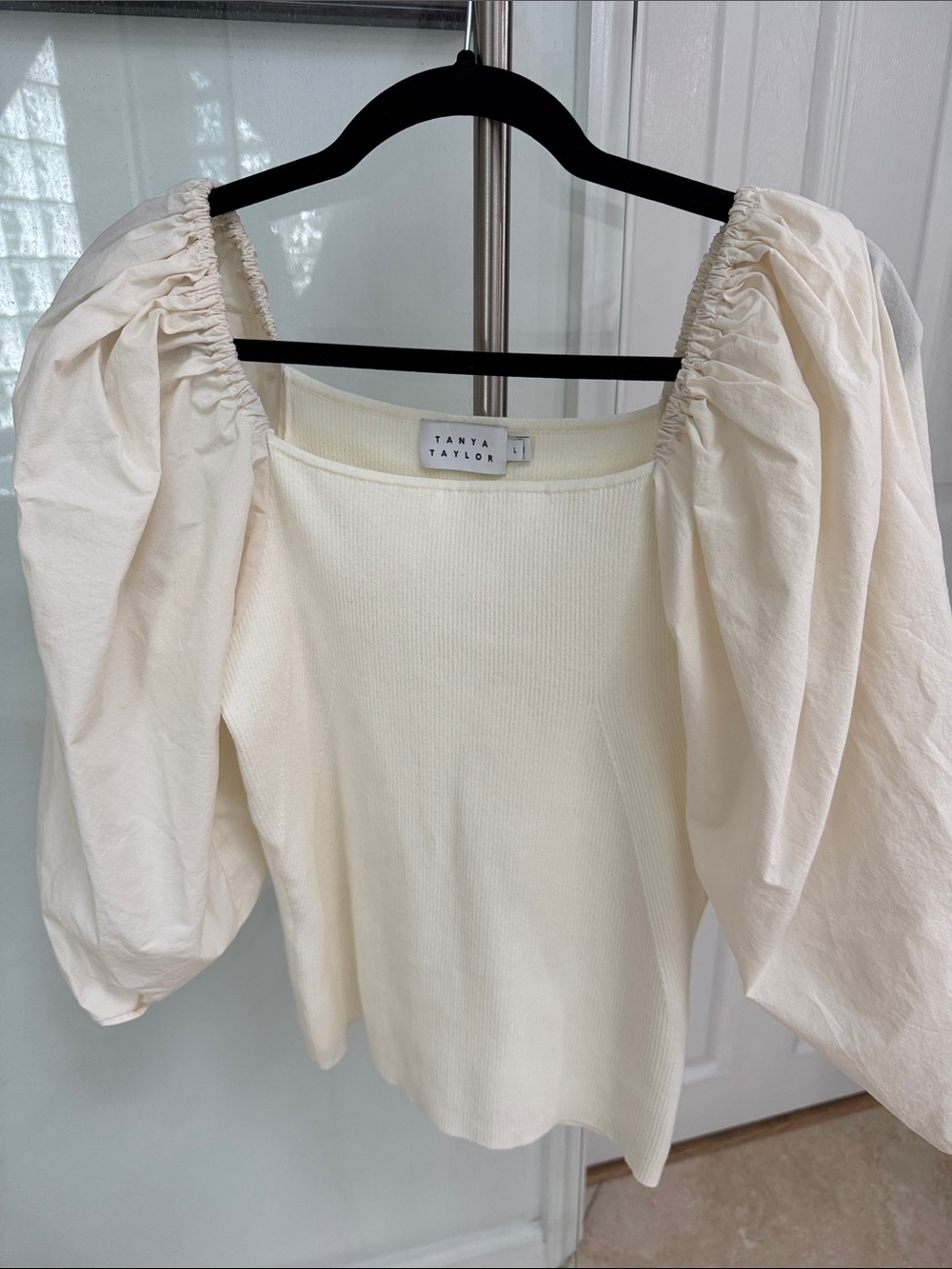 Tanya Taylor Off-White Puff-Sleeve Ribbed Top L. WORN ONCE❤️